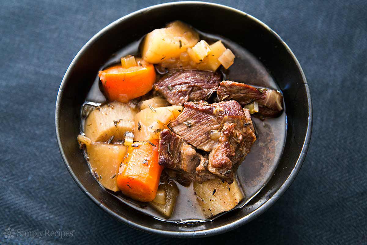 Single serving of Slow Cooker Guinness Stew with chunky potatoes, carrots and beef