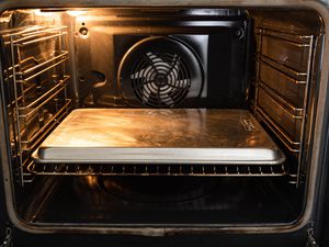 A sheet pan in a convection oven