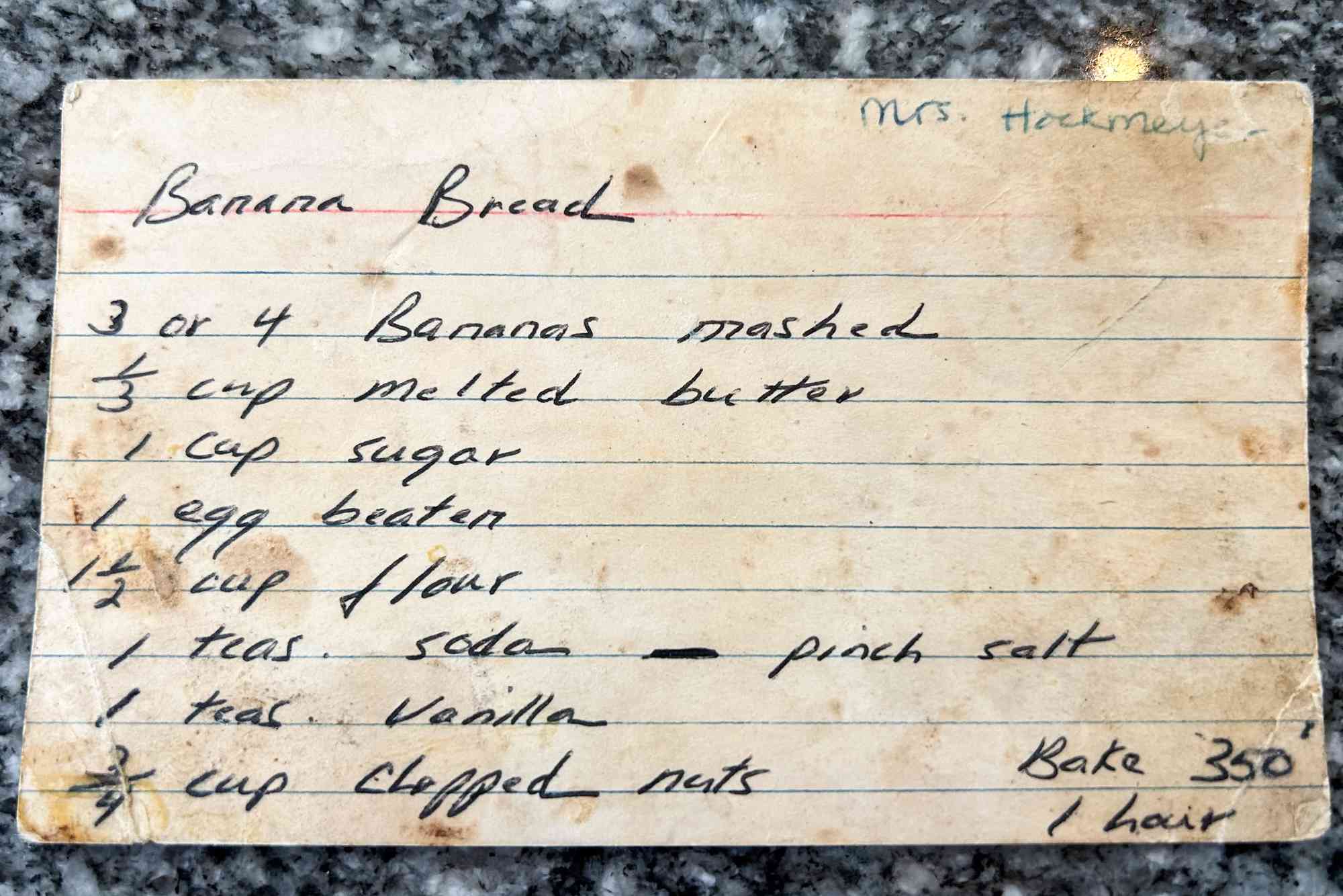 Original banana bread recipe on note card