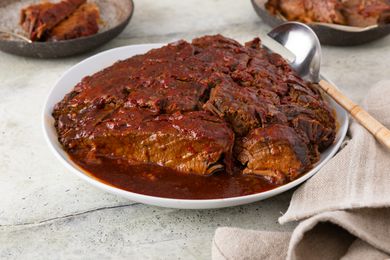 Side view of 3-ingredient brisket on a serving plate