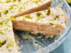 A slice of lime cracker pie in a dish