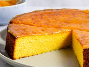 Whole Orange Cake, close up, 2 slices cut out