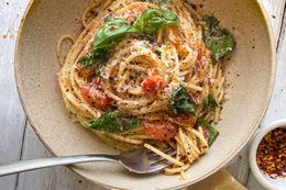 Bowl of No Cook Tomato Sauce Pasta with a Fork