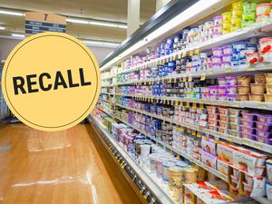 A grocery store aisle with a "recall" badge superimposed