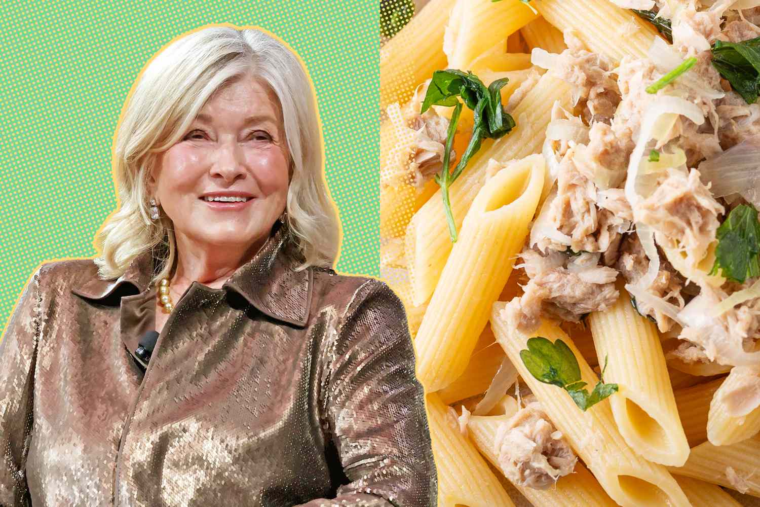 Martha Stewart next to a plate of pasta with tuna