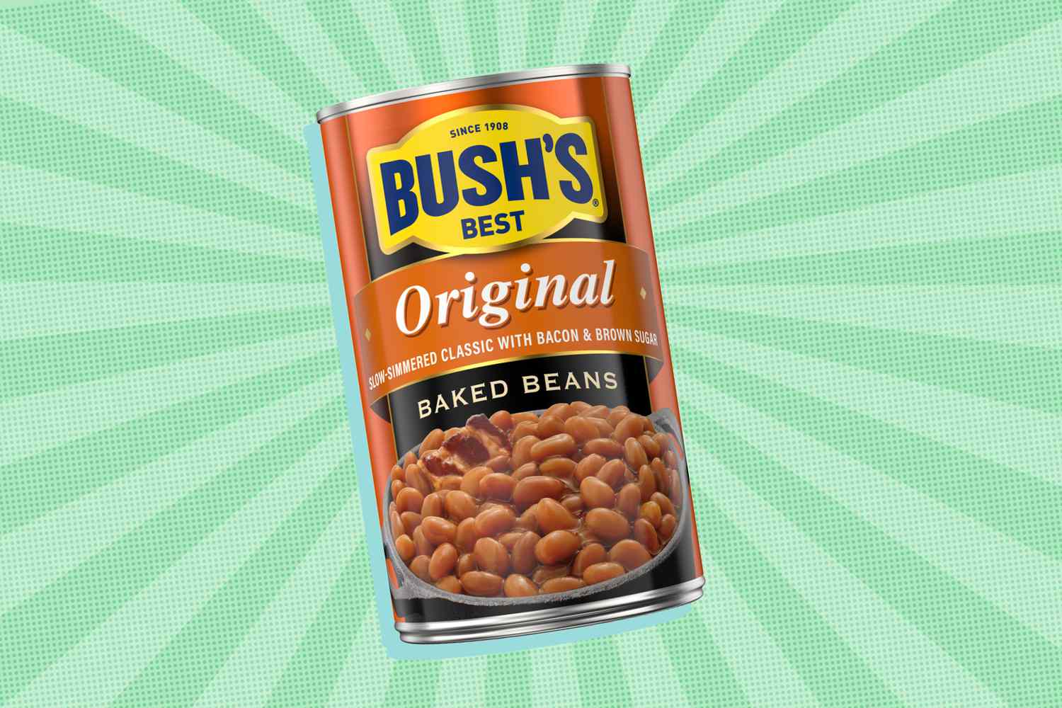 A can of Bush's Best Original Baked Beans on a textured green background