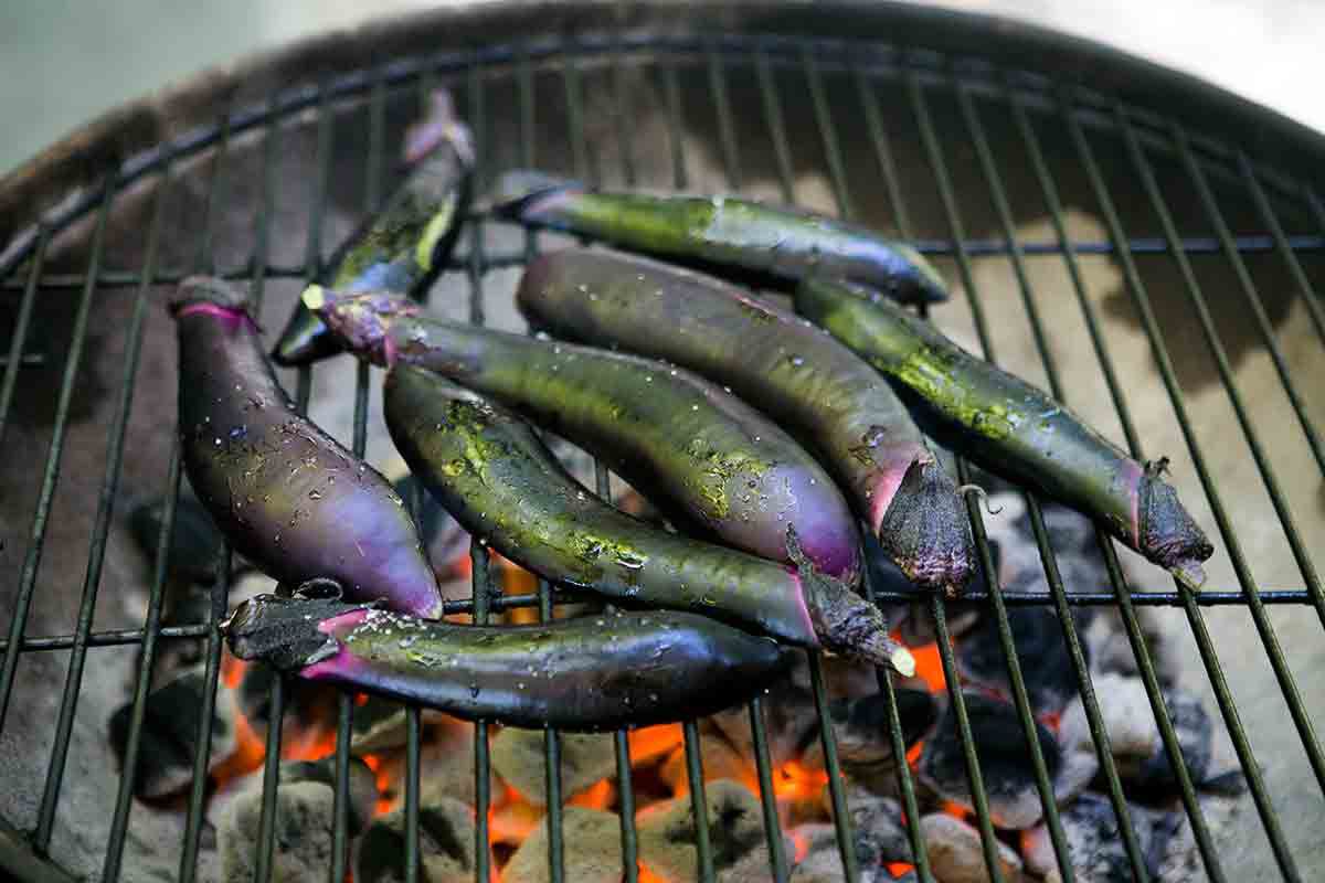 grill japanese eggplant cut side down over charcoal