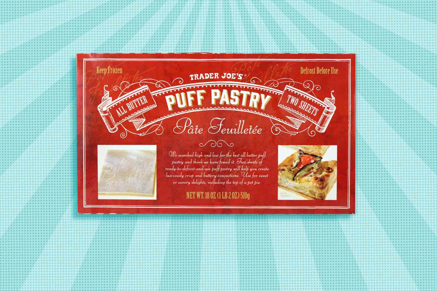 Package of Trader Joe's All Butter Puff Pastry sheets on a light blue striped and speckled background texture