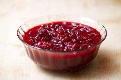 Cranberry sauce in a glass serving dish