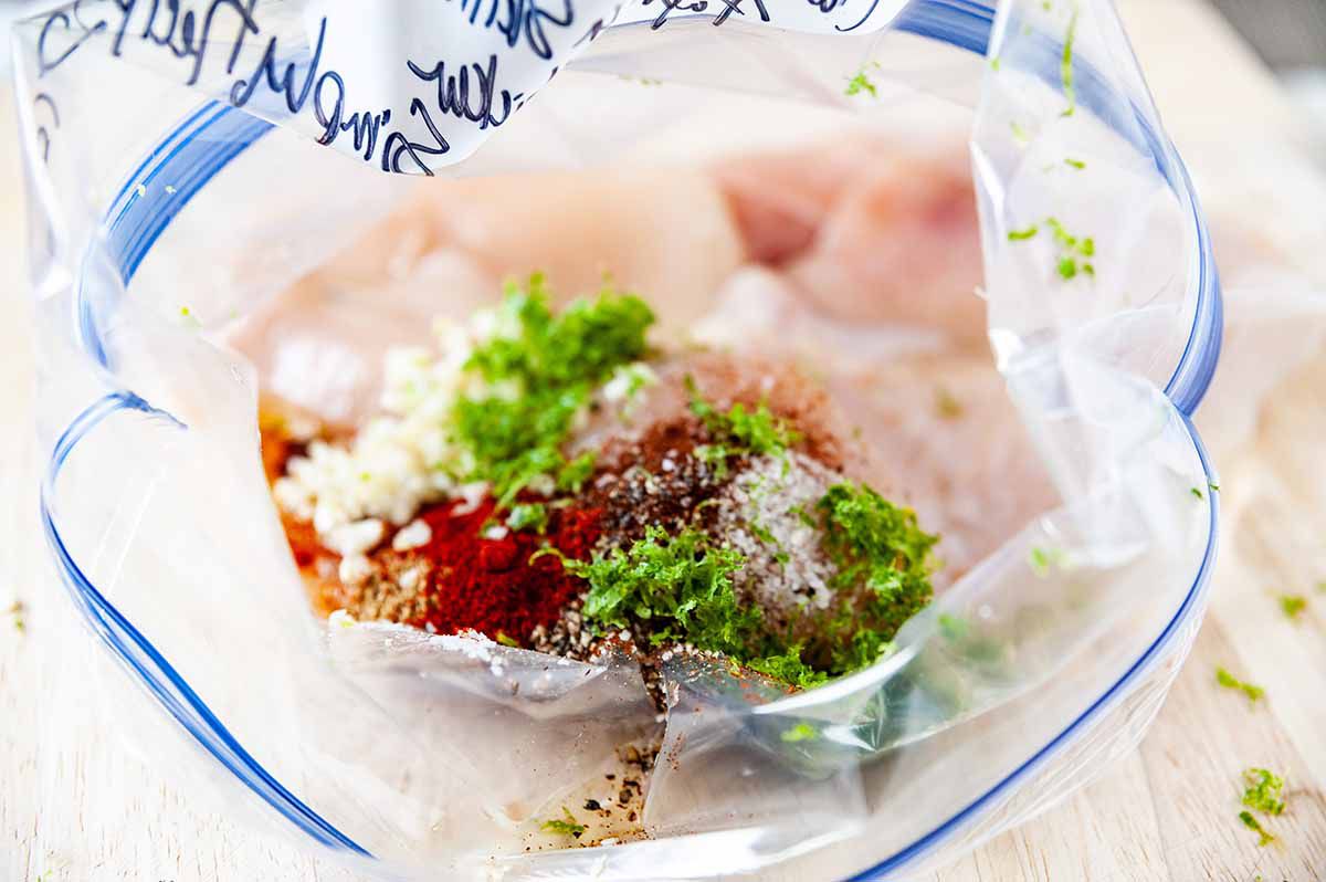 Chicken Freezer Meal - ziploc bag with chicken, herbs and spices