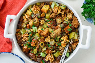 Stuffing in a white baking dish