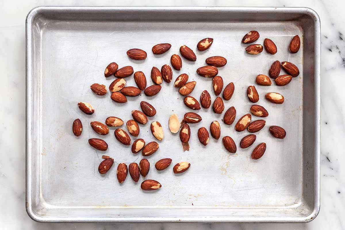Almond Mint Pesto - almonds on baking sheet