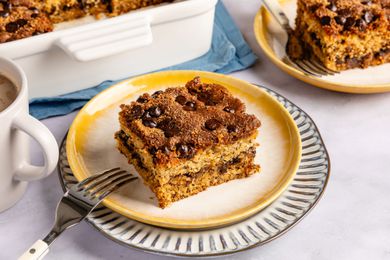a slice of Ponderosa Cake on a dessert plate with a fork