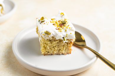 Plates of Plates of Tres Leches with Pistachio and Cardamom