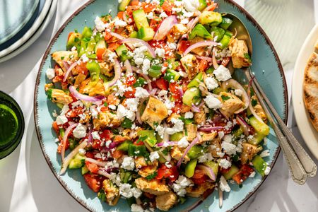 large plate of Greek Grilled Chicken Salad