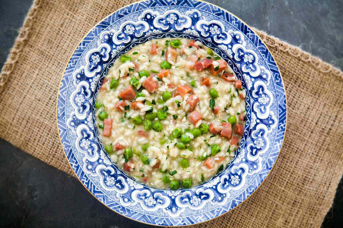 Dish of risi e bisi ready to serve and eat