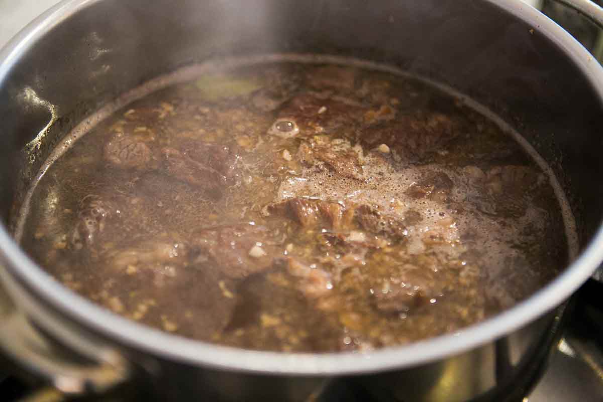 Simmer the beef for the irish beef stew recipe