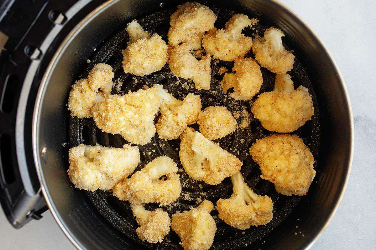 Cauliflower florets fried in an air fryer.