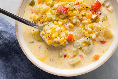 Potato corn chowder recipe with bacon in a bowl