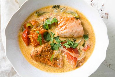 Salmon Moqueca with onions, tomatoes and bell peppers