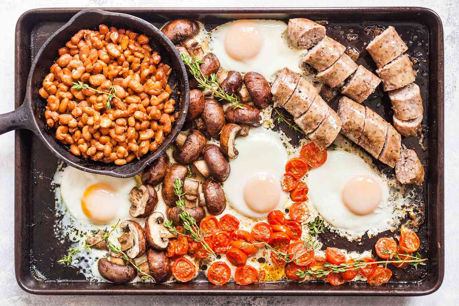 A sheet pan full of english breakfast classics, ready to serve