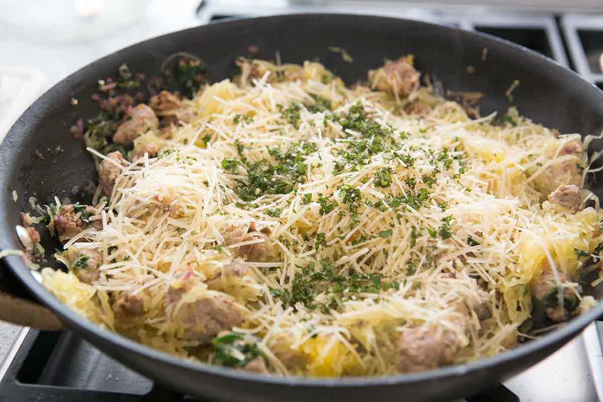 spaghetti squash and sausage topped with Parmesan