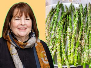 Ina Garten next to a plate of roasted asparagus