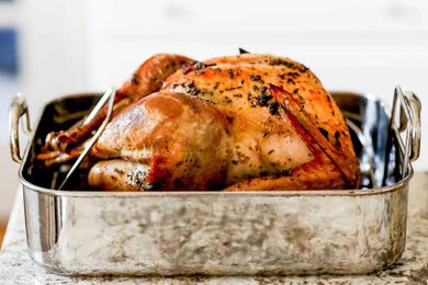 A whole roasted turkey in a roasting pan