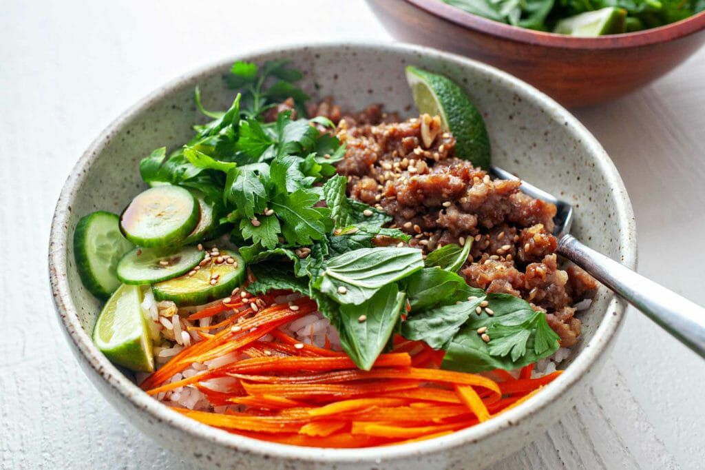 Rice Bowl Recipe with Pork - pork rice bowl with fork