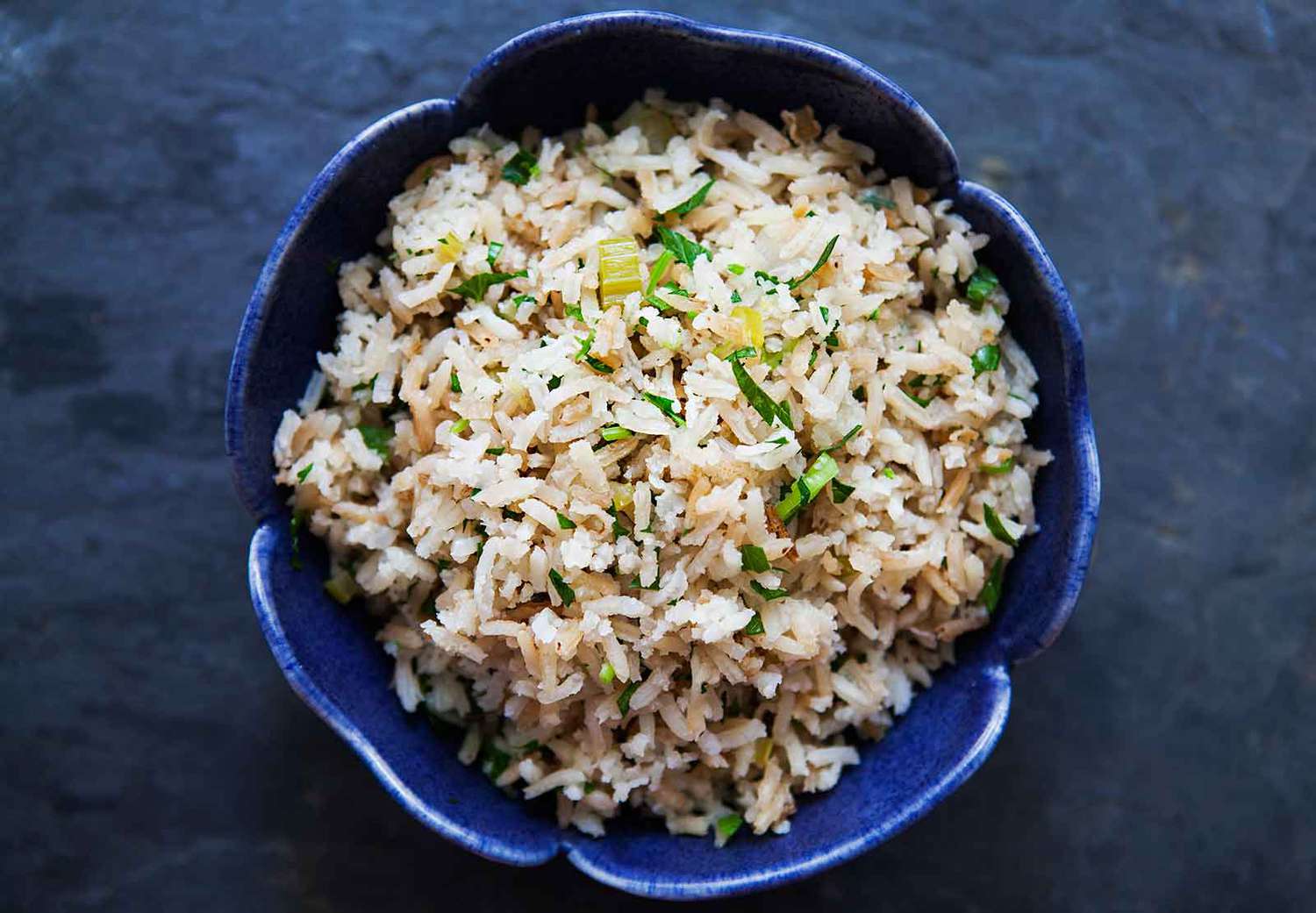 Overhead of Rice Pilaf in a bowl