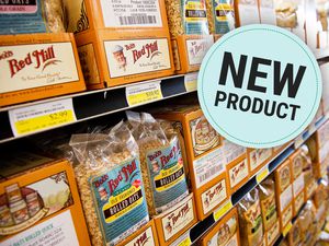 Bob's Red Mill products displayed on a grocery store shelf with a "New Product" label
