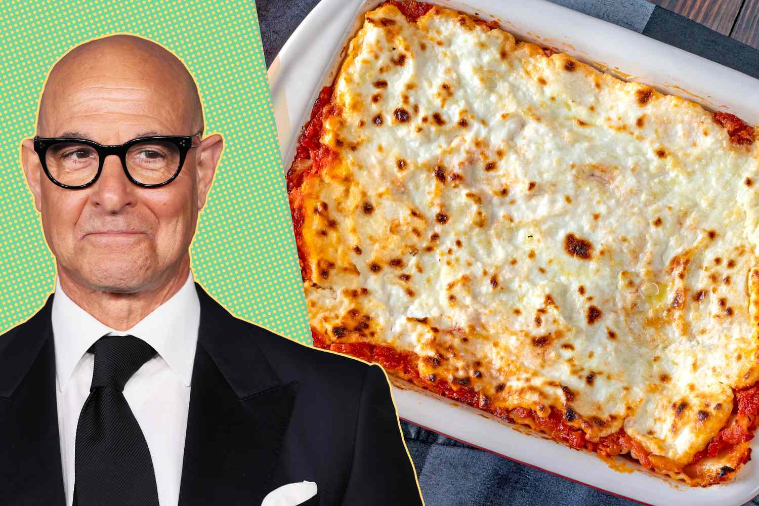 Split image of Stanley Tucci and a baked casserole