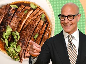portrait of Stanley Tucci next to a photo of deliciously cooked steak