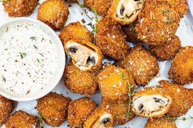 Fried Mushrooms Served with a Bowl of Dipping Sauce