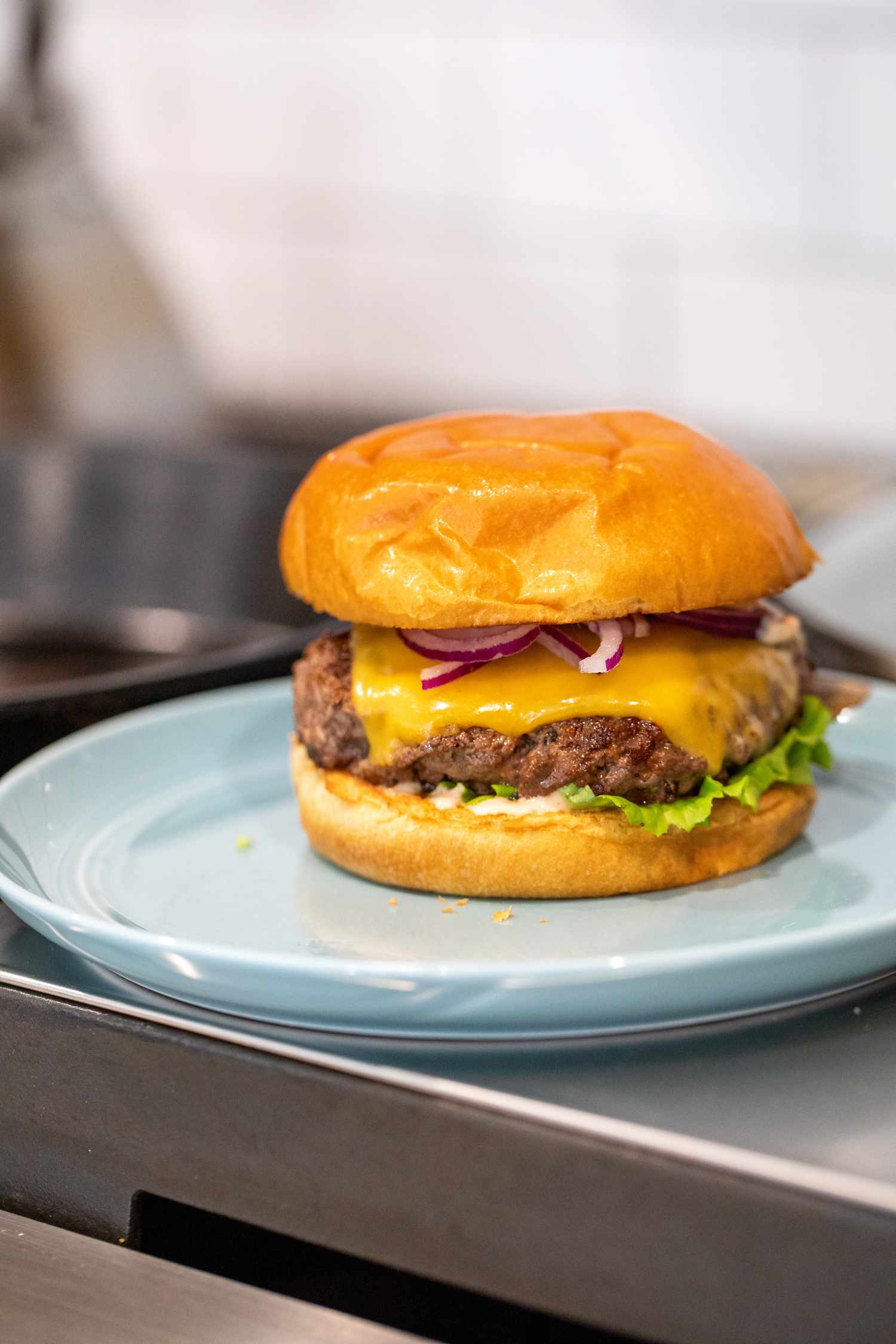 Burger with Cheese, Red Onions, and Lettuce on a Plate on a Kitchen Counter for How to Make a Burger on the Stove