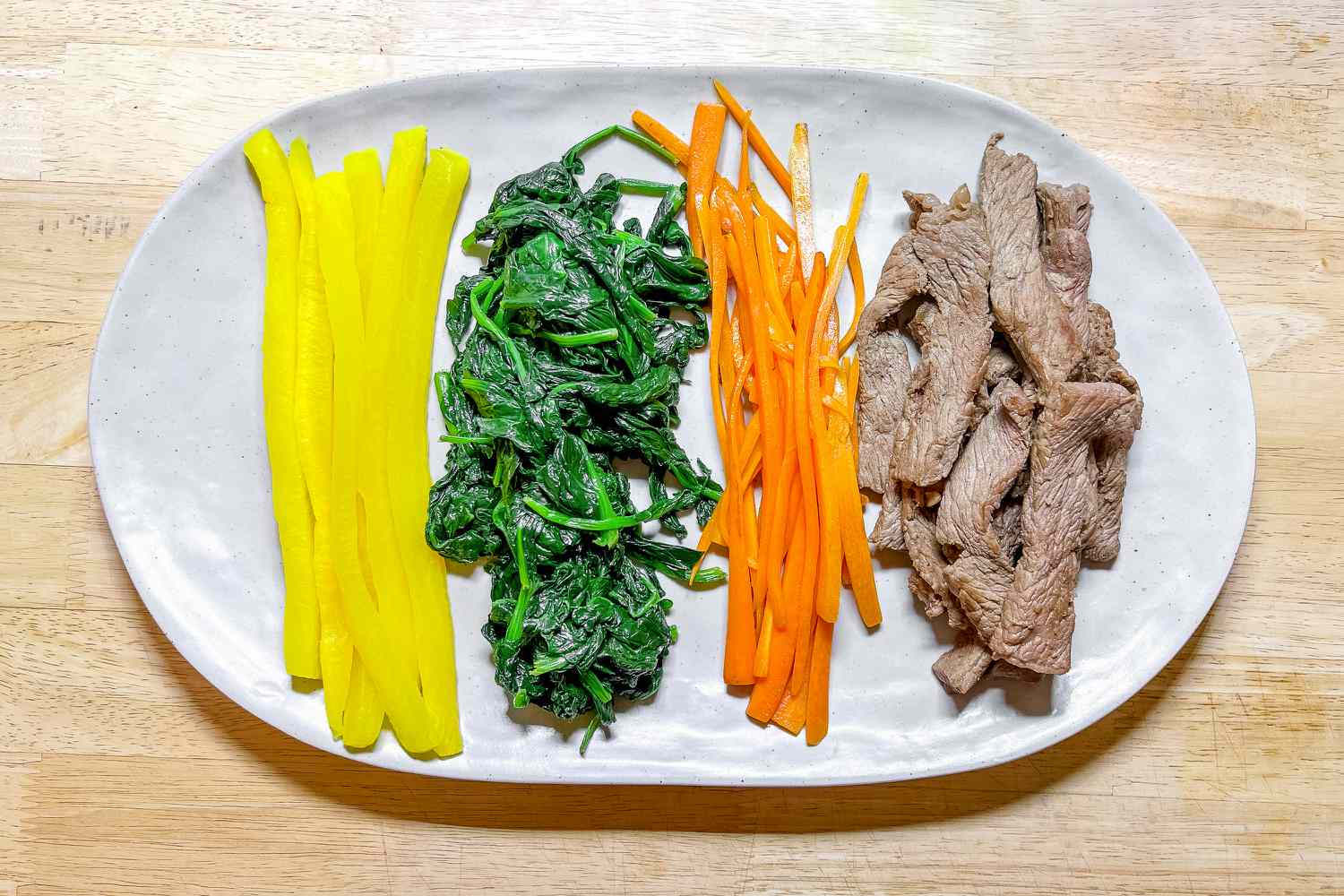 Danmuji, Spinach, Carrots, and Beef on Platter for Kimbap