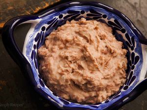 Refried Beans Recipe in a blue Bowl