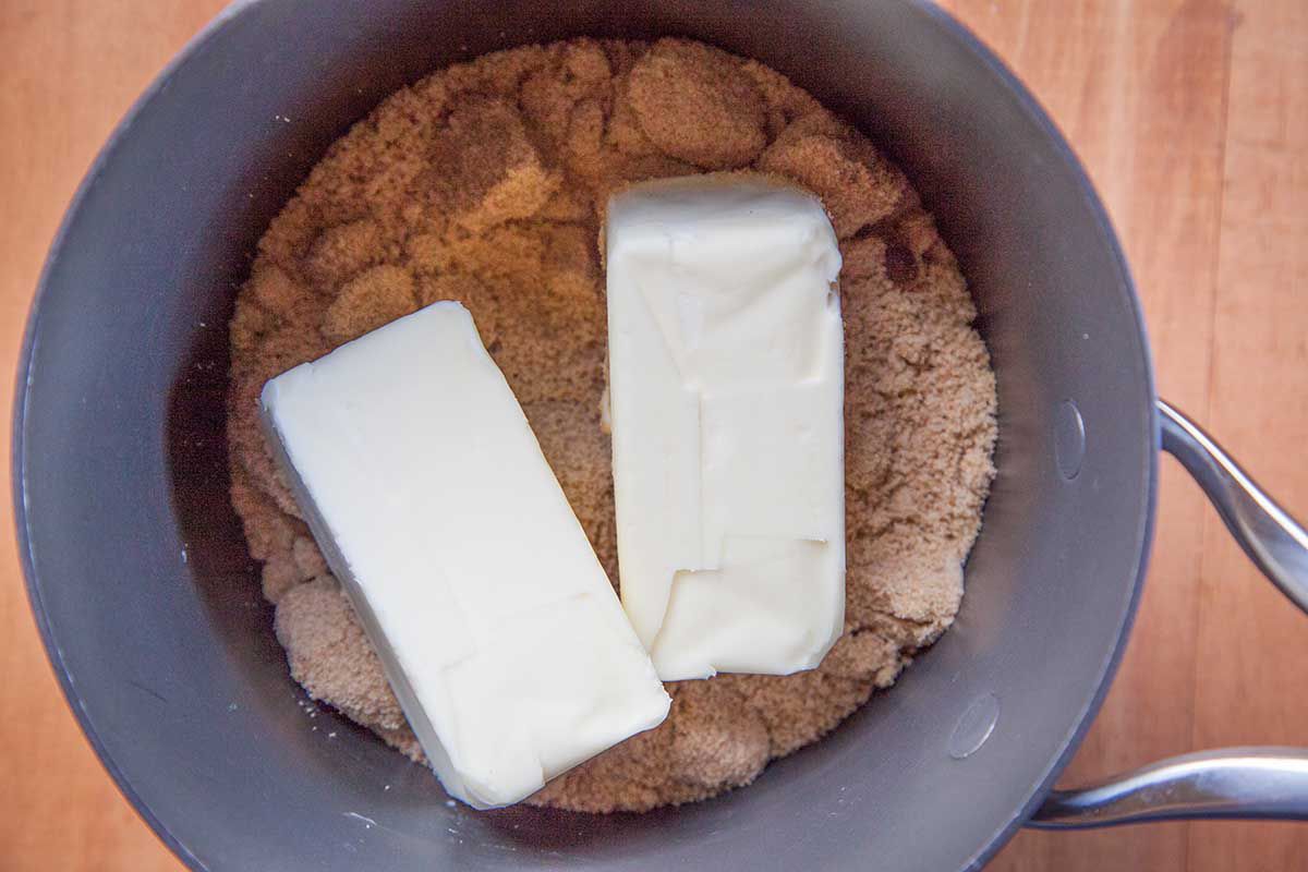 brown sugar, two sticks of butter, and salt resting in a pot