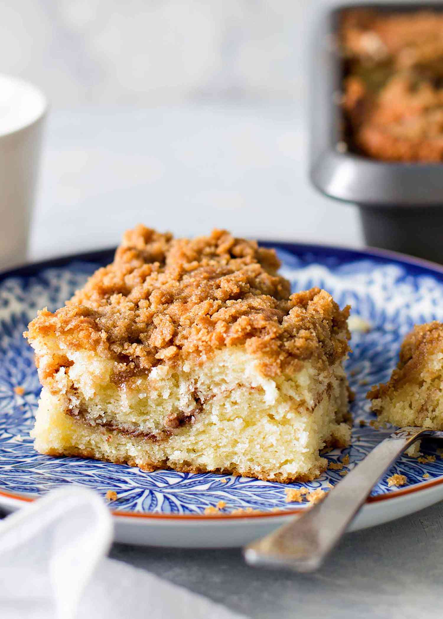 A coffee cake on blue plate