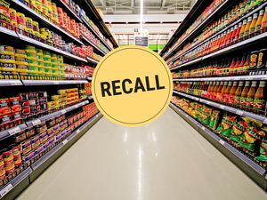 A grocery store aisle with a "recall" badge superimposed over it