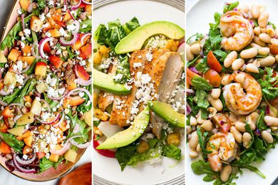Three photos side by side of summer dinner salads. On the left is a platter of Farmers' Market Salad with Peaches, Goast Cheese, and Basil. In the center is a plate of Chicken Pozole Salad with thick wedges of avocado and sliced chicken breast in the center of the plate. On the right is Shrimp, Arugula, White Bean, and Cherry Tomato Salad with large shrimp set atop a bed of vegetables and beans.