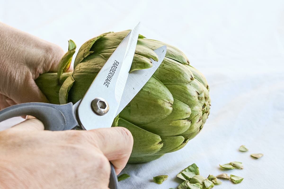 Cut off the tips of the artichoke leaves before steaming.