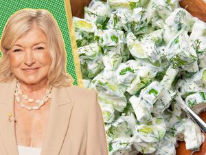 A split image of Martha Stewart and a dish of cucumber salad