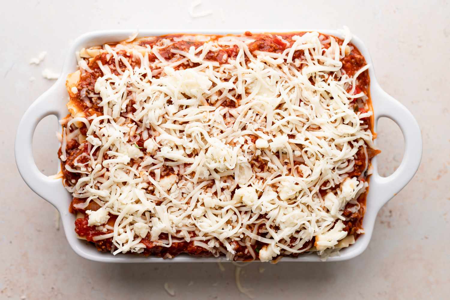 Overhead view of an easy lasagna recipe ready to be baked.