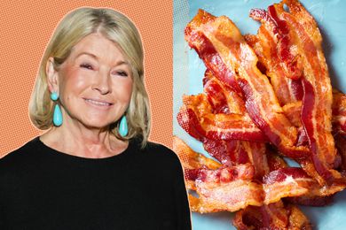 Image of Martha stewart on a peach colored background next to a photo of perfectly cooked bacon