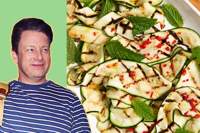 Jamie Oliver next to a plate of squash salad garnished with herbs and seasoning