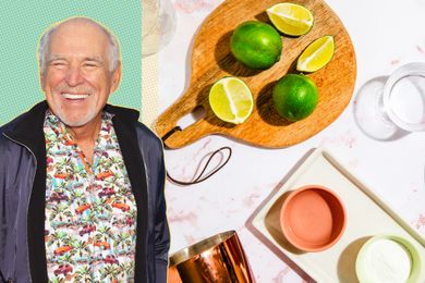 Jimmy Buffet next to a margarita making scene with cut limes, a cocktail shaker, and simple syrup