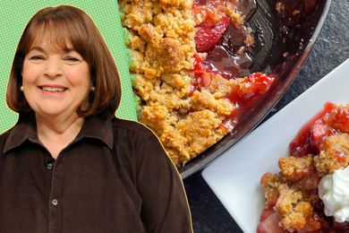 A split image of Ina Garten and a dessert dish with fruit crumble