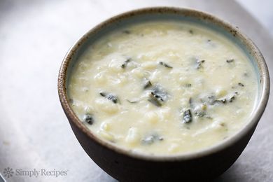 Colcannon Potato Soup in a brown bowl