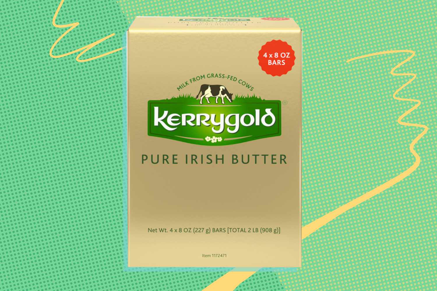 box of Kerrygold Pure Irish Butter against a graphic background